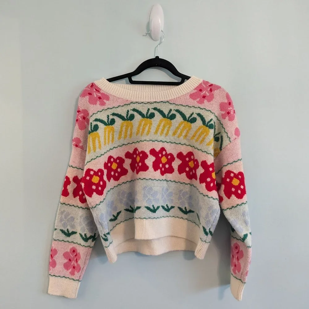 Dreamers by Debut Cropped Style Multi Colour Patterned Sweater - Picture 2 of 13